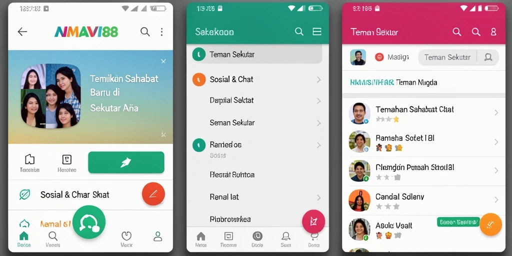 Antarmuka ramah pengguna AMAVI88 untuk mencari teman sekitar.