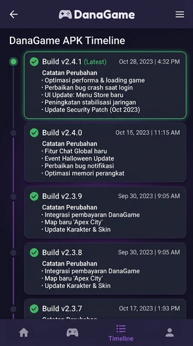 Tampilan riwayat versi danagame